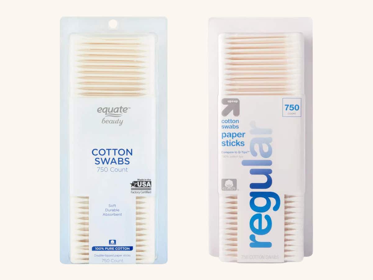 a 750-count pack of equate cotton swabs next to a 750-count pack of up & up cotton swabs