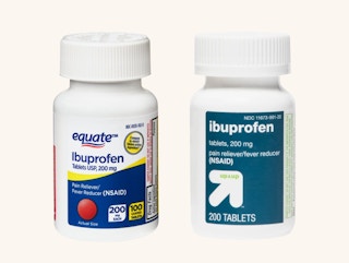 A bottle of equate ibuprofen next to a bottle of up & up ibuprofen