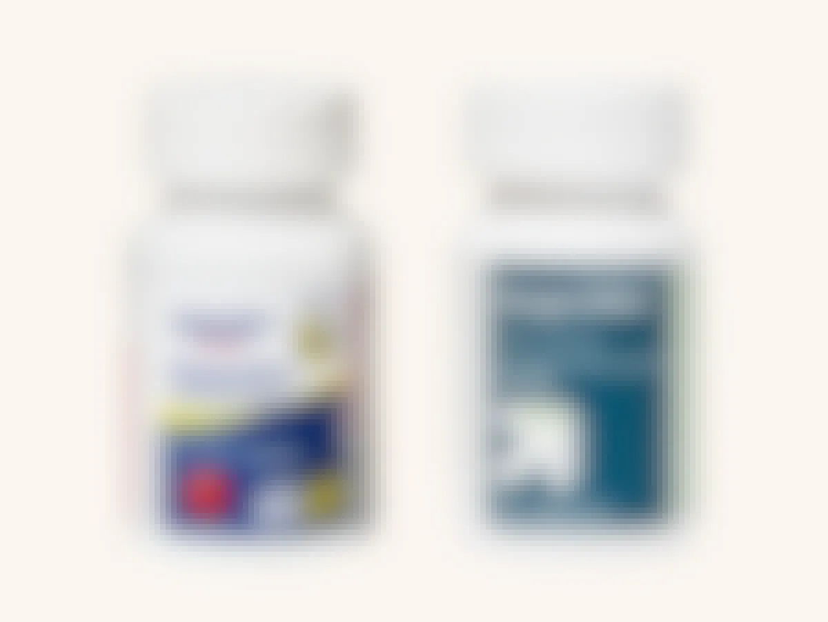 A bottle of equate ibuprofen next to a bottle of up & up ibuprofen