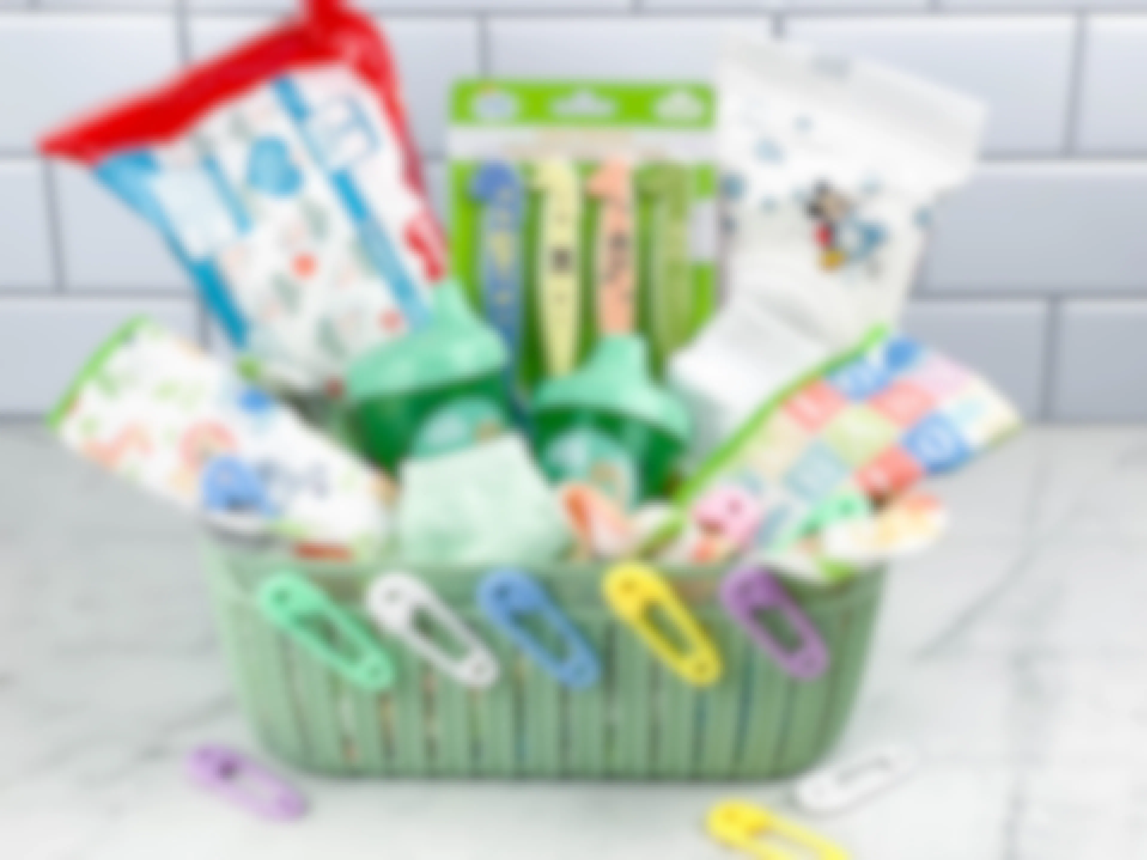 a baby themed gift basket on counter