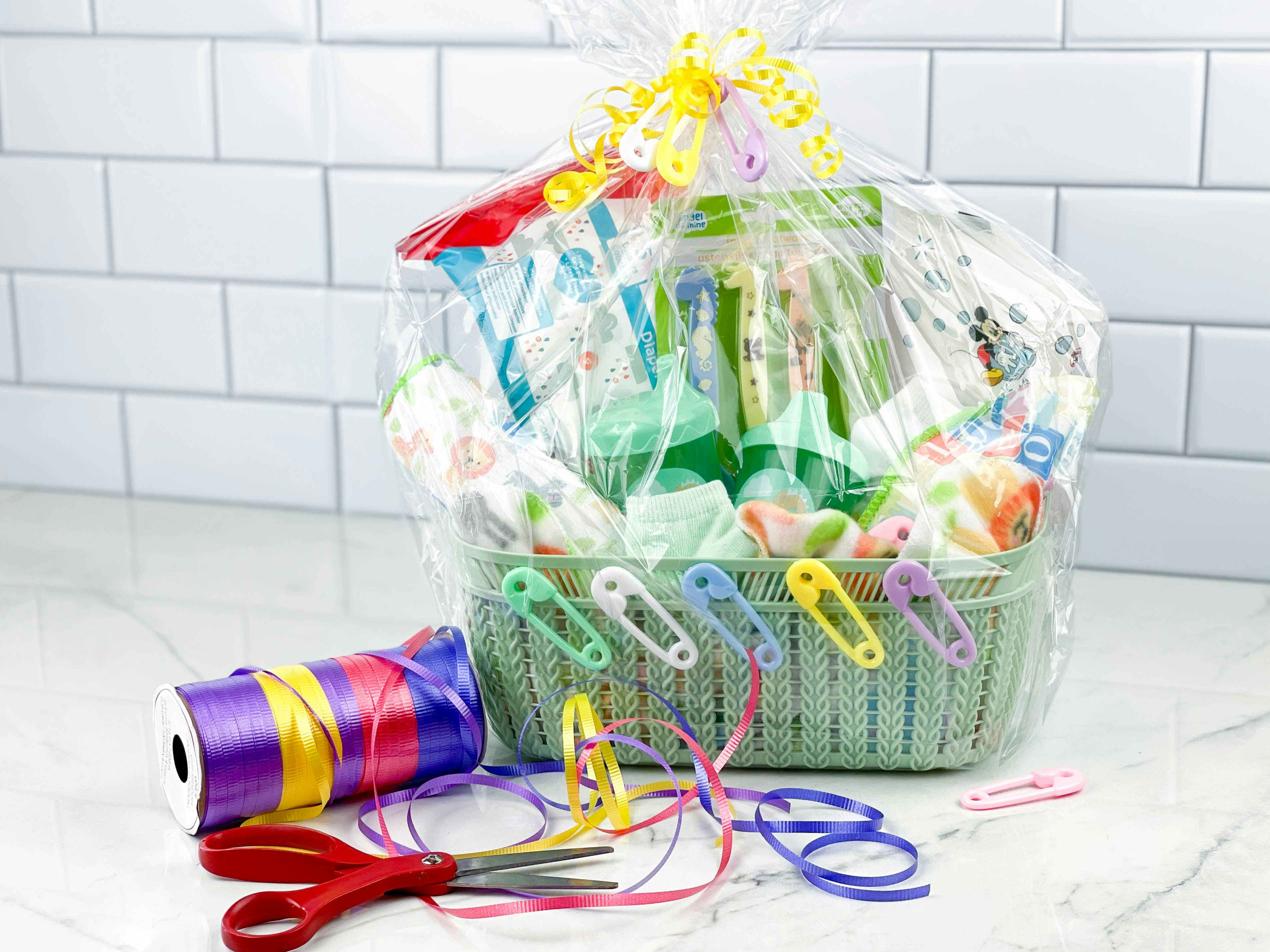 a baby gift basket on a counter 