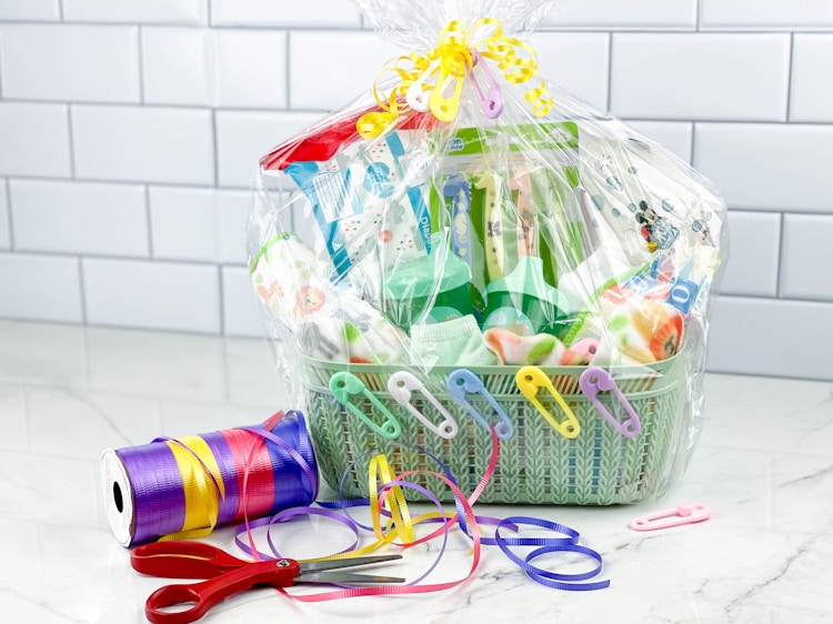 a baby gift basket on a counter 