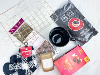 items to make a coffee gift basket on counter