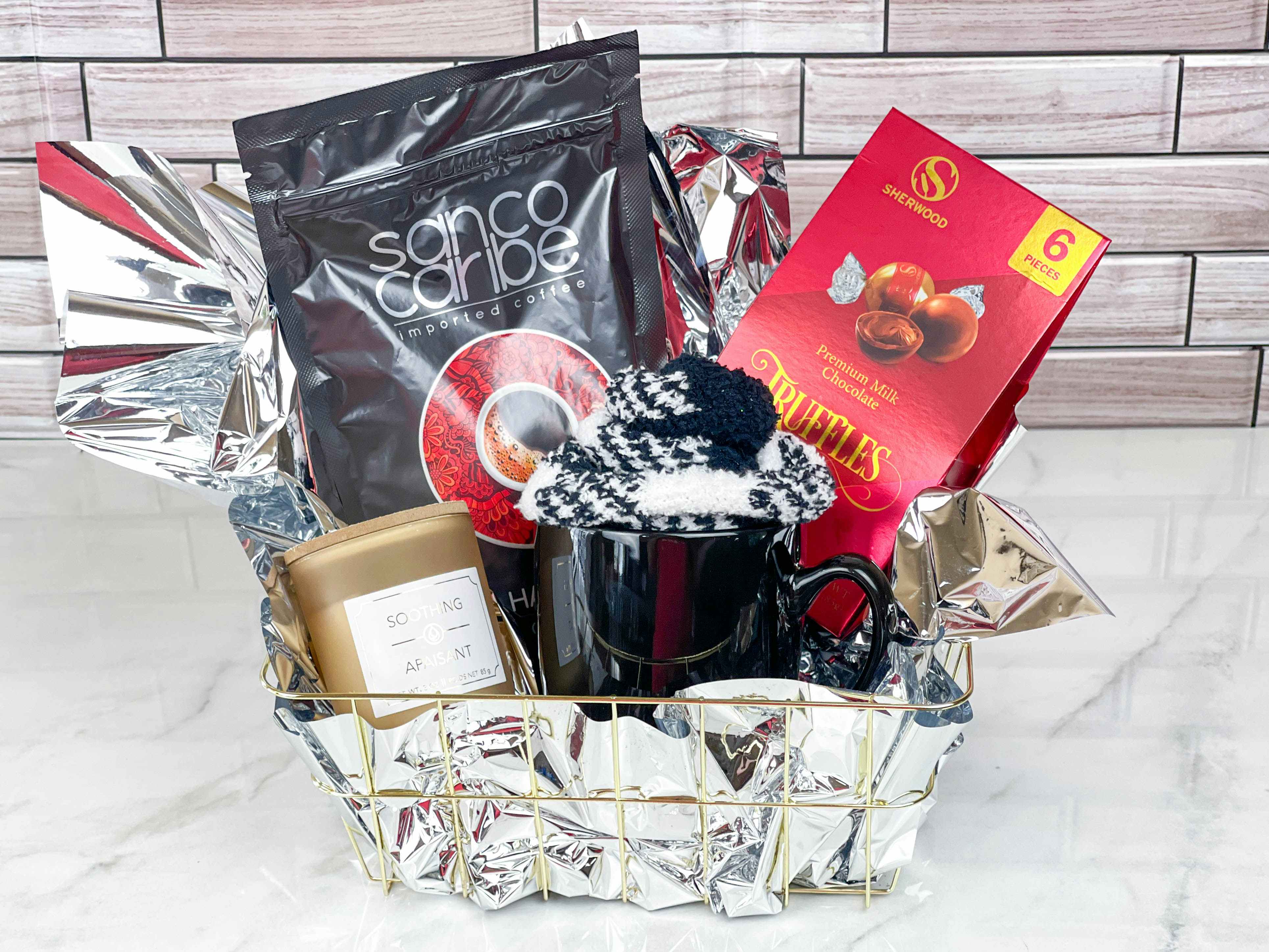 coffee gift basket on counter