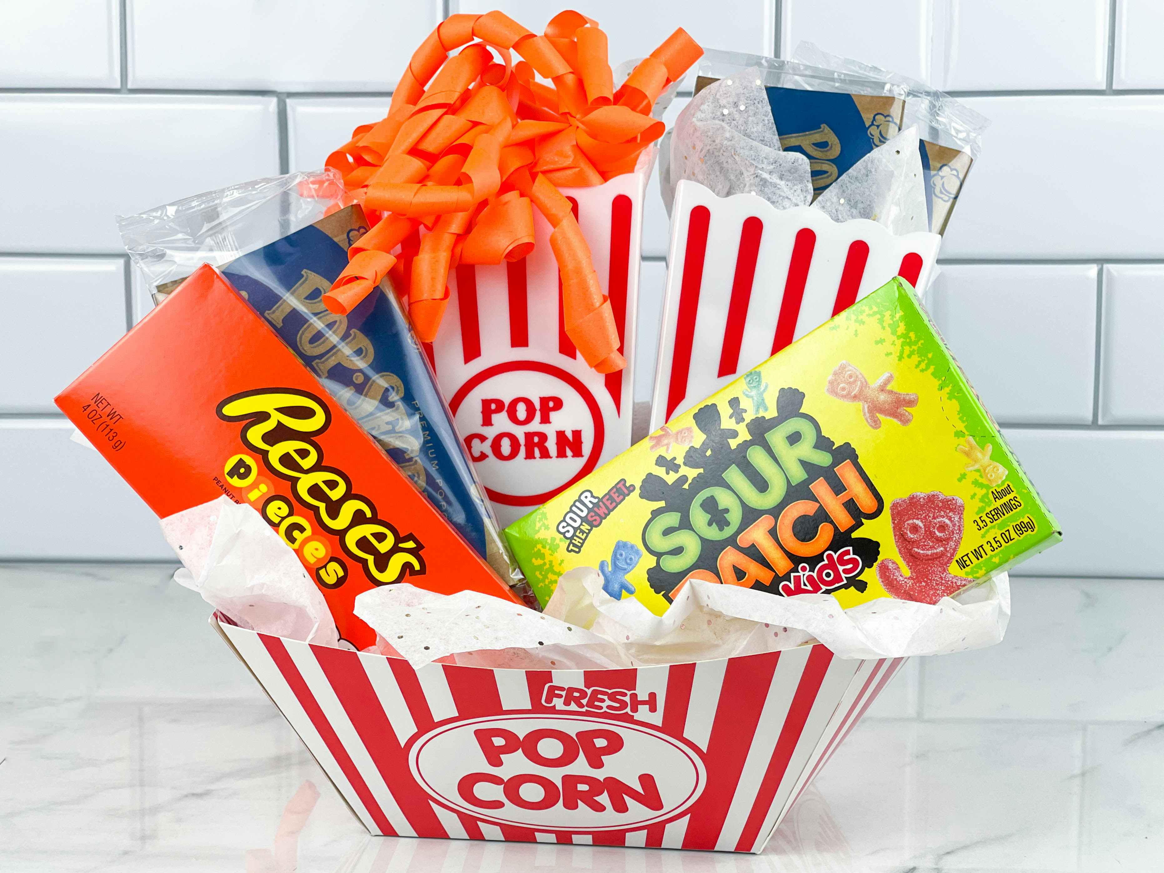 movie night gift basket on counter 