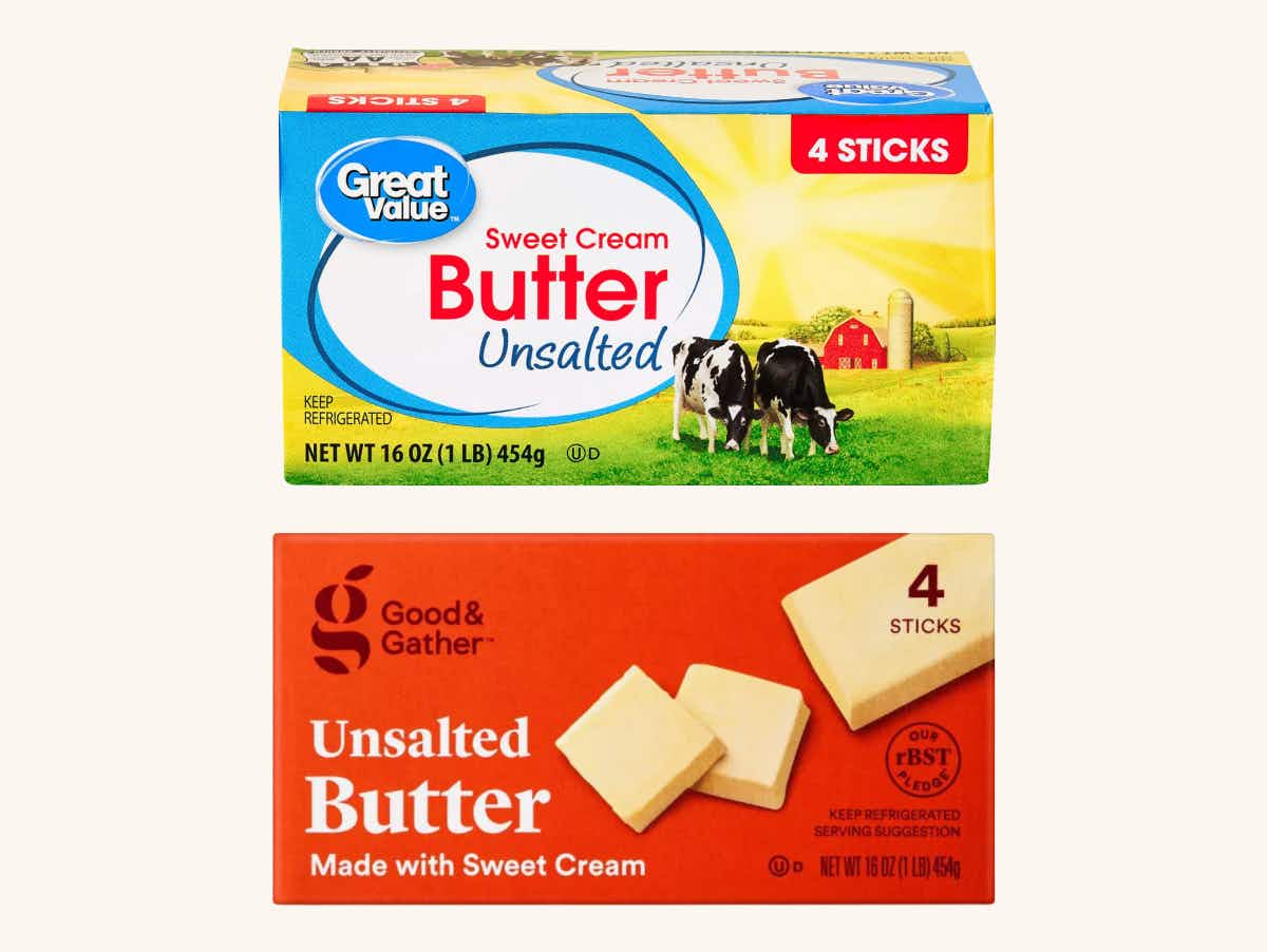a pound of great value butter on top of a pound of good & gather butter