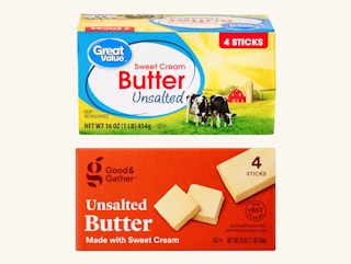 a pound of great value butter on top of a pound of good & gather butter