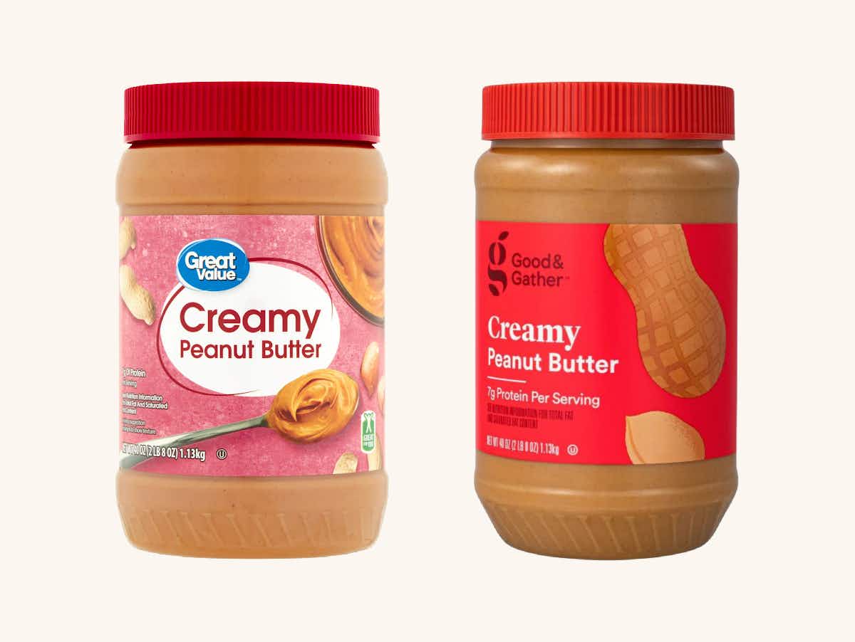 a jar of great value creamy peanut butter from walmart next to a jar of Good & Gather creamy peanut butter from Target