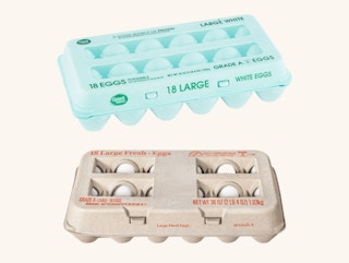 An 18-count carton of great value eggs from Walmart on top of an 18-count carton of Good & Gather eggs from Target