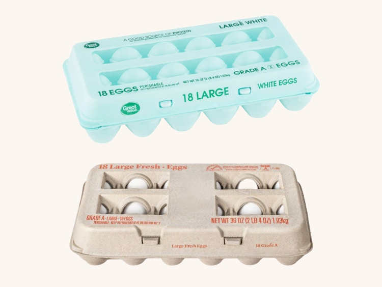 An 18-count carton of great value eggs from Walmart on top of an 18-count carton of Good & Gather eggs from Target