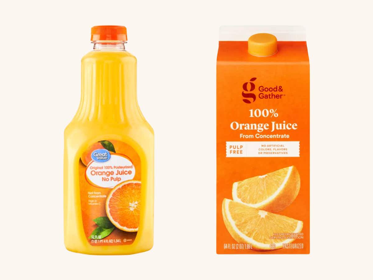 a bottle of great value orange juice from walmart next to a bottle of good and gather orange juice from target