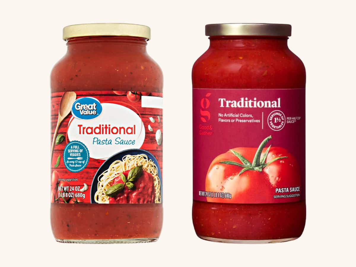 a 24 ounce jar of great value traditional pasta sauce next to a 24 oz jar of good & gather traditional pasta sauce