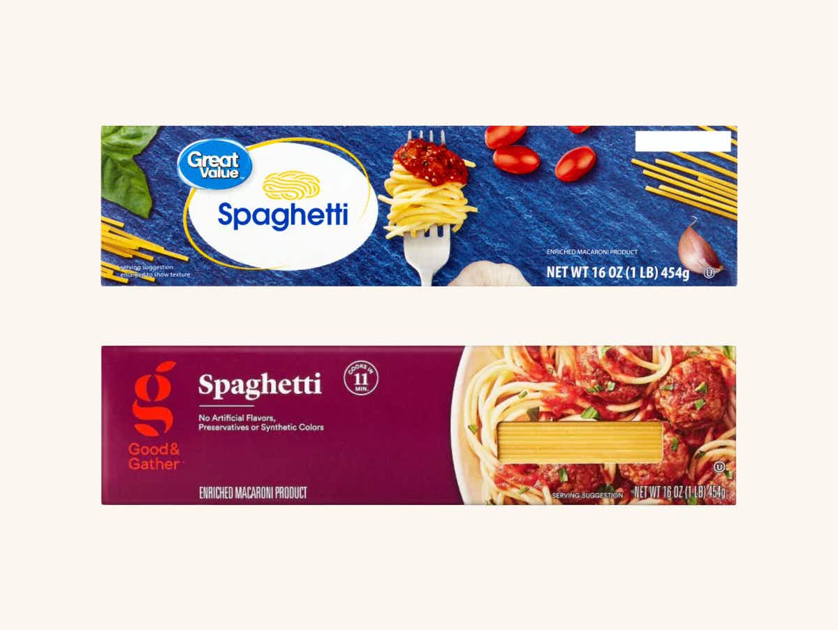 a 16 ounce box of great value spaghetti on top of a 16 oz box of good and gather spaghetti