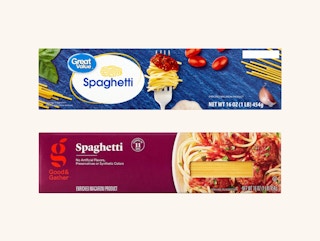 a 16 ounce box of great value spaghetti on top of a 16 oz box of good and gather spaghetti
