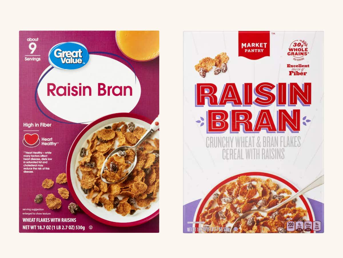 A box of Great Value Raisin Bran cereal from Walmart next to a Market Pantry box of Raisin Bran Cereal from Target