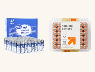a pack of great value AA batteries from walmart next to a pack of up & up AA batteries from Target