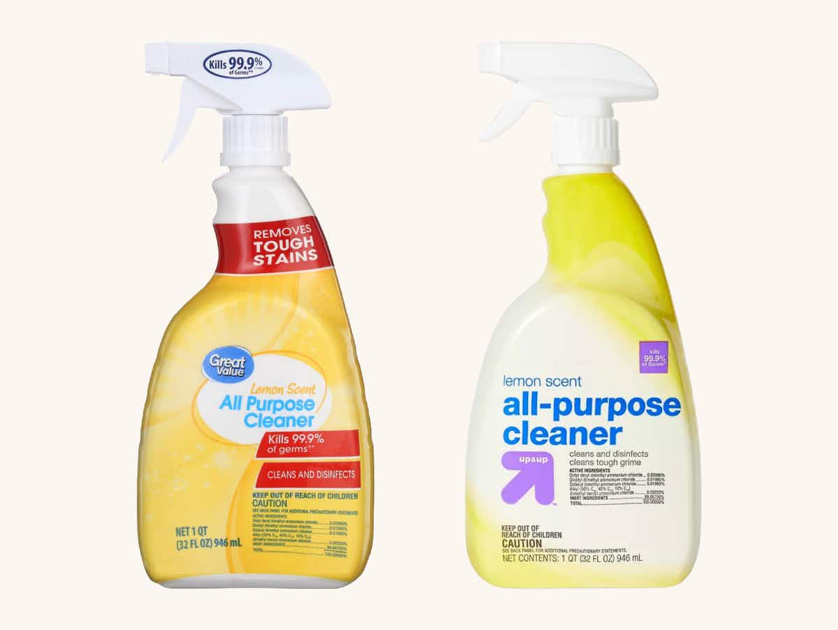 A spray bottle of great value all-purpose cleaner from Walmart next to a spray bottle of up & up all-purpose cleaner from target