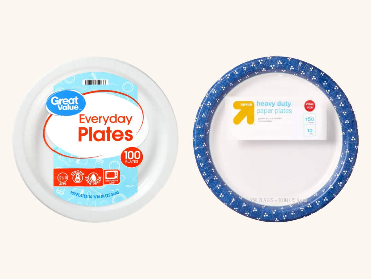A pack of great value everyday paper plates from Walmart next to a pack of up & up heavy duty paper plates from Target