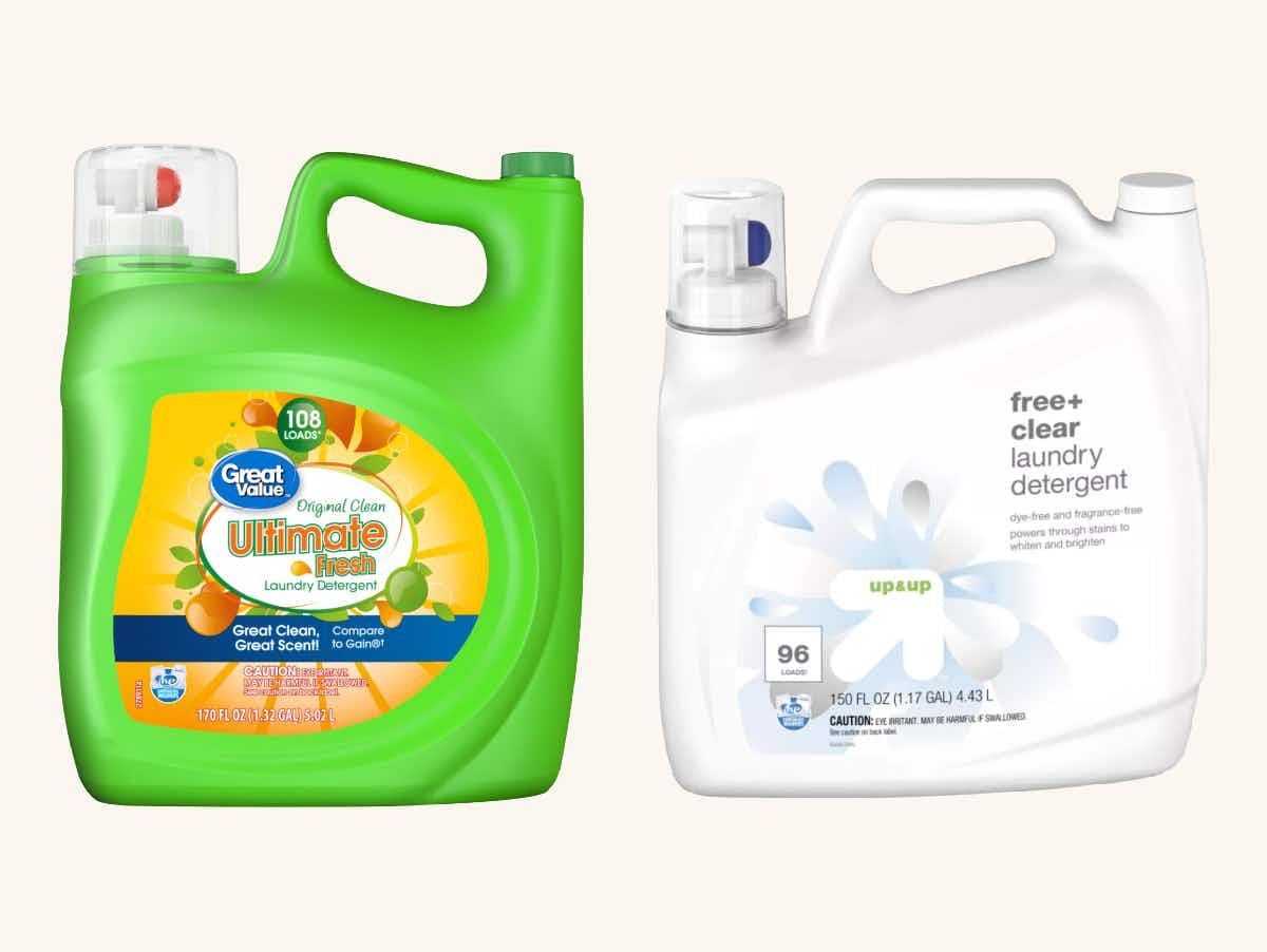 a 170 oz jug of great value HE laundry detergent next to a 150 oz jug of up & up free and clear HE laundry detergent