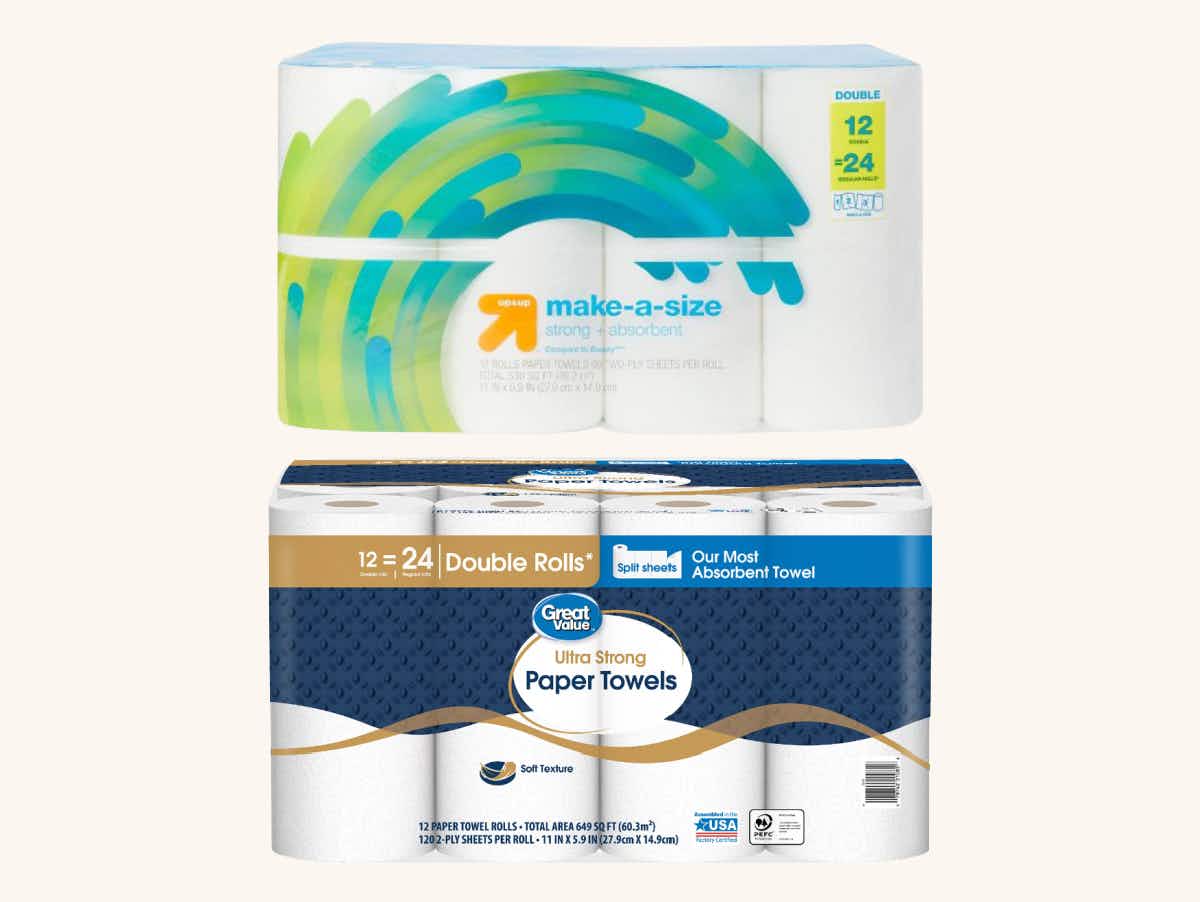 a 12 pack of up & up paper towels on top of a 12 pack of great value paper towels