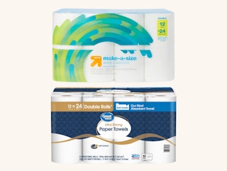a 12 pack of up & up paper towels on top of a 12 pack of great value paper towels
