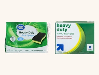 a pack of great value scrubbing sponges from walmart next to a pack of up & up scrubbing sponges from Target
