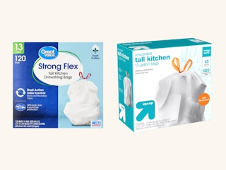 a pack of great value tall kitchen bags from walmart next to a pack of up & up tall kitchen trash bags from Target