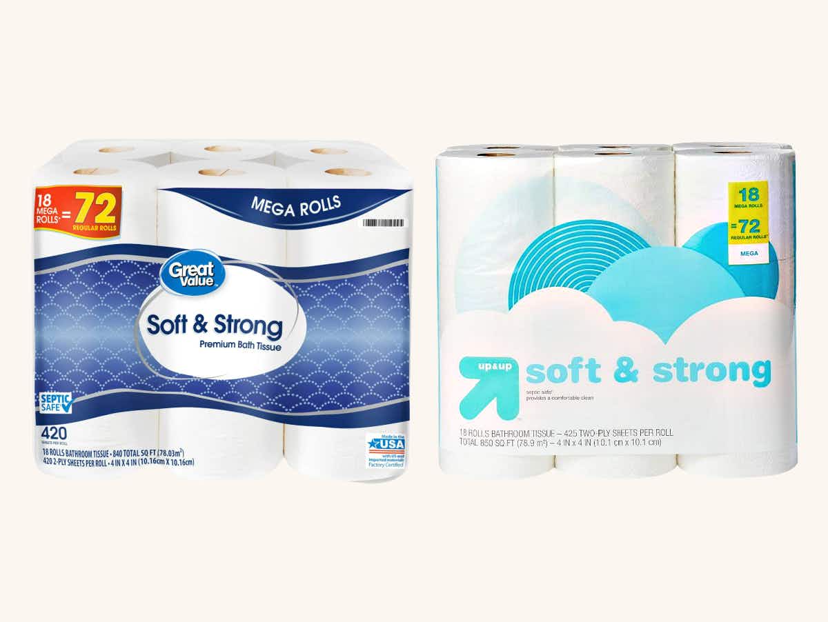 an 18-pack of great value toilet paper from walmart next to an 18-pack of up & up toilet paper from Target