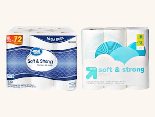 an 18-pack of great value toilet paper from walmart next to an 18-pack of up & up toilet paper from Target