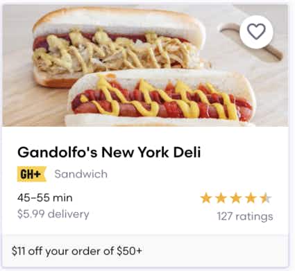 Example of a local restaurant deal listed on the Grubhub website, $11 off $50 at a deli