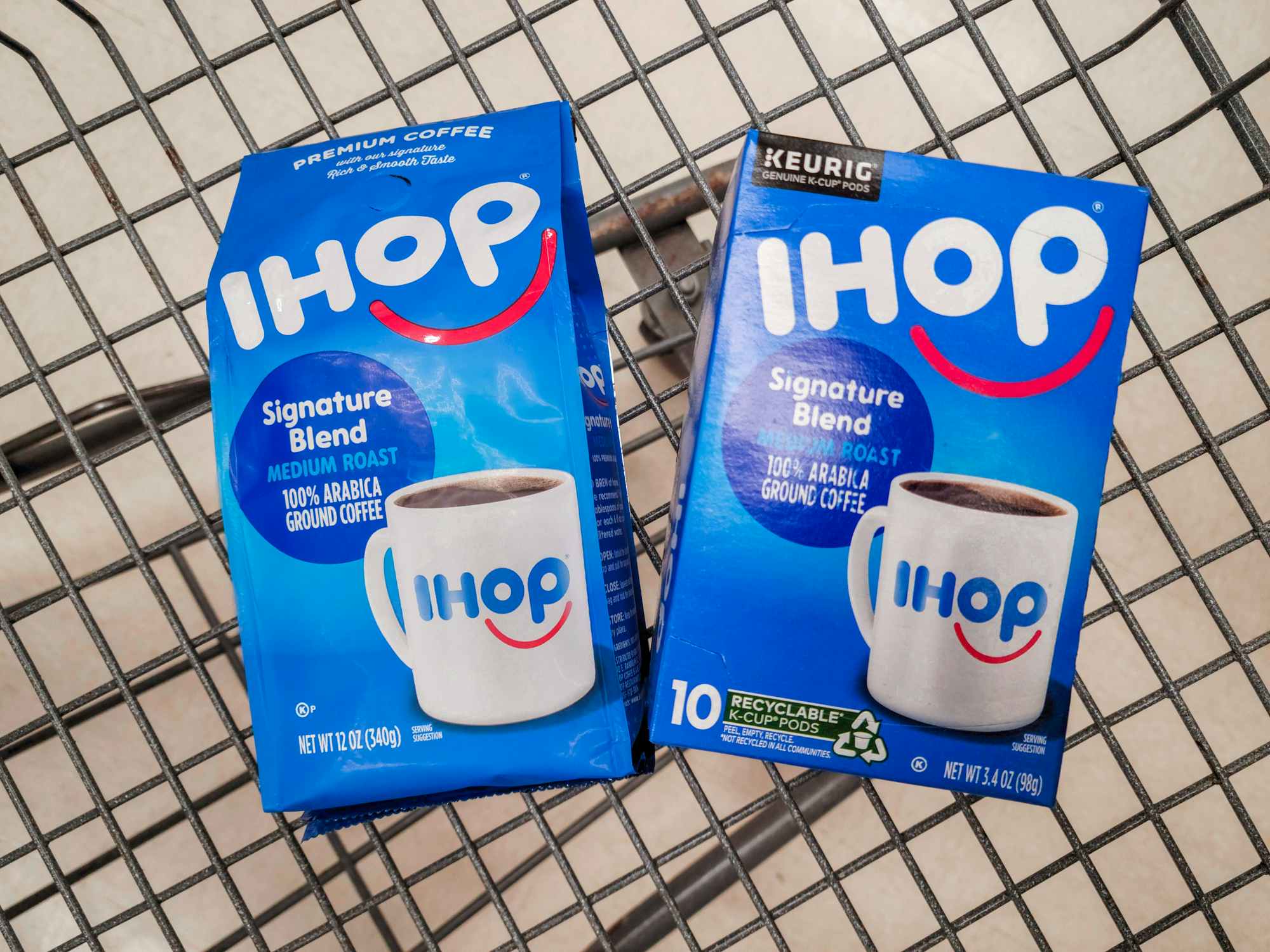 IHOP coffee and K-cups in a shopping cart