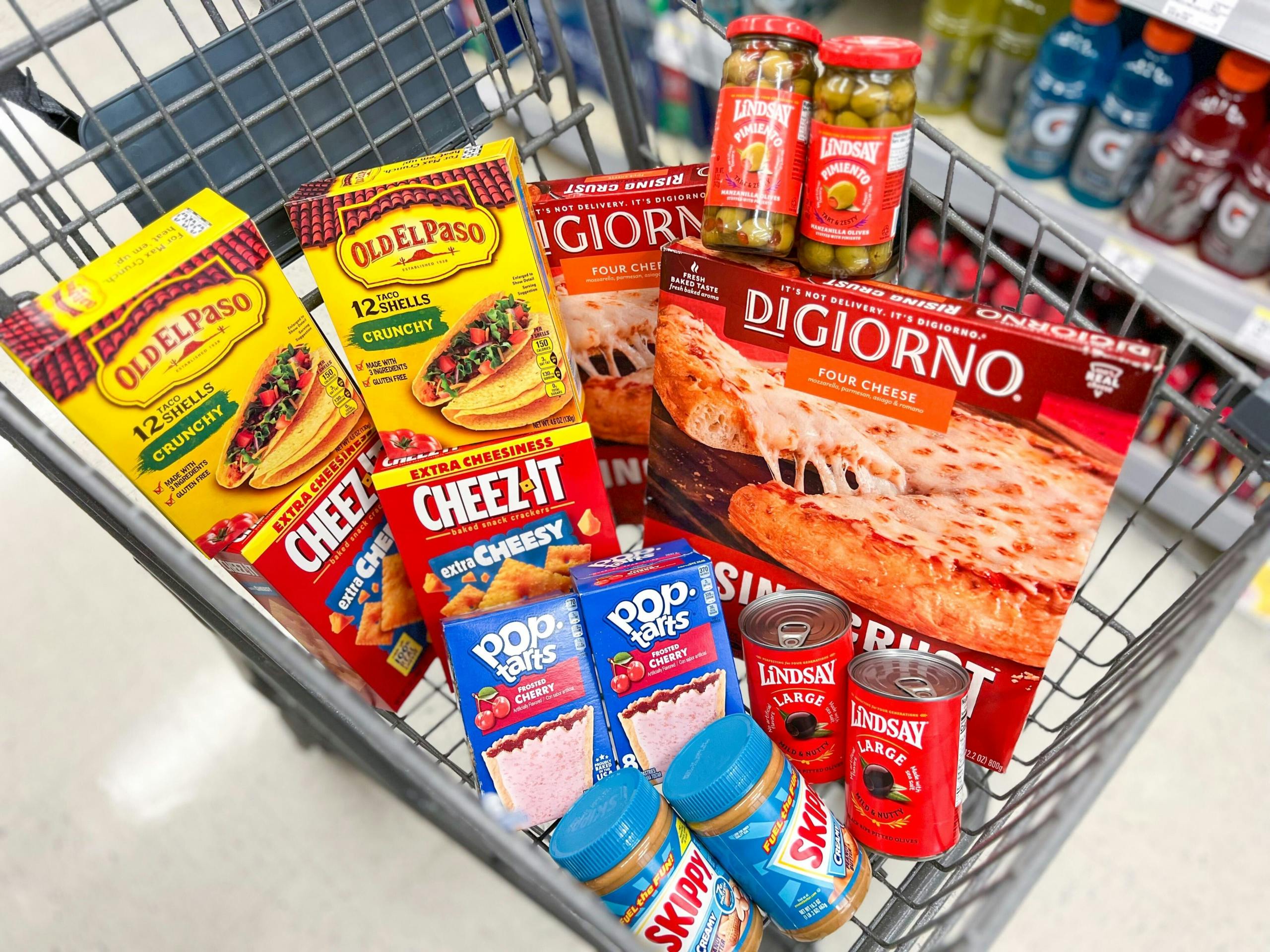 grocery items in walgreens shopping cart
