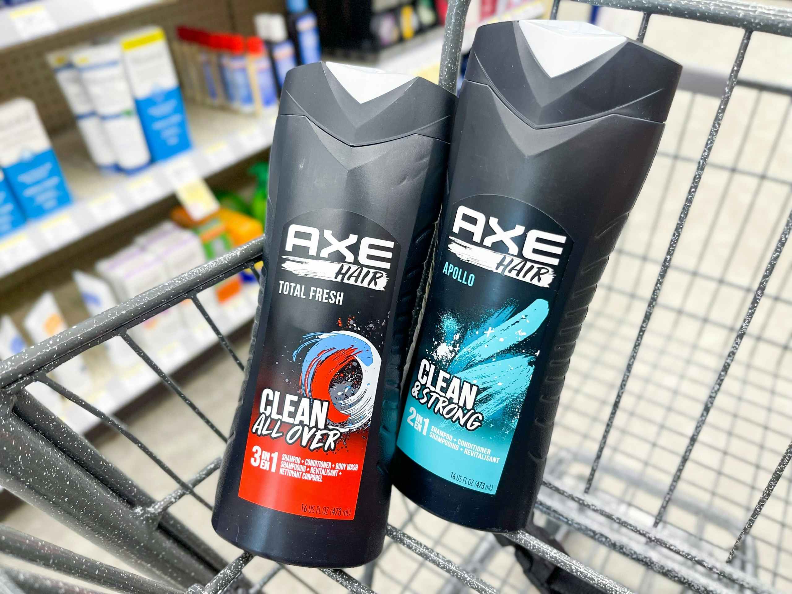 two bottles of axe body wash in shopping cart