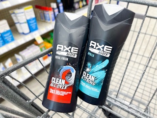 two bottles of axe body wash in shopping cart