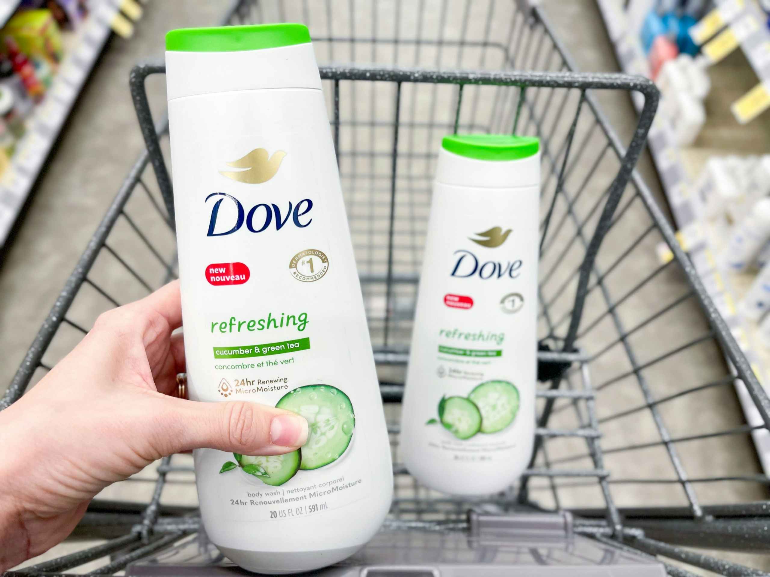 two bottles of dove body wash in shopping cart
