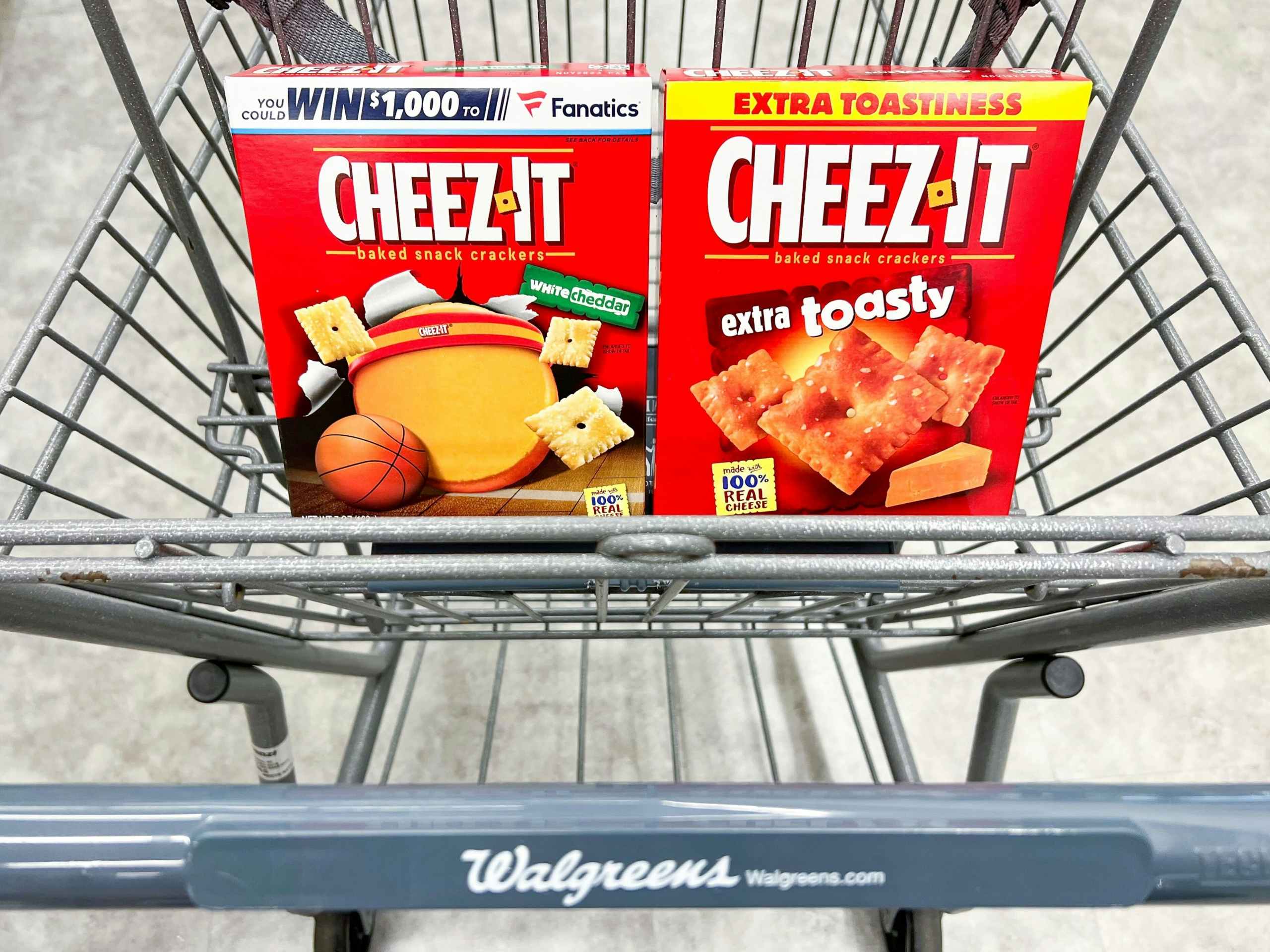 two cheez it crackers in shopping cart