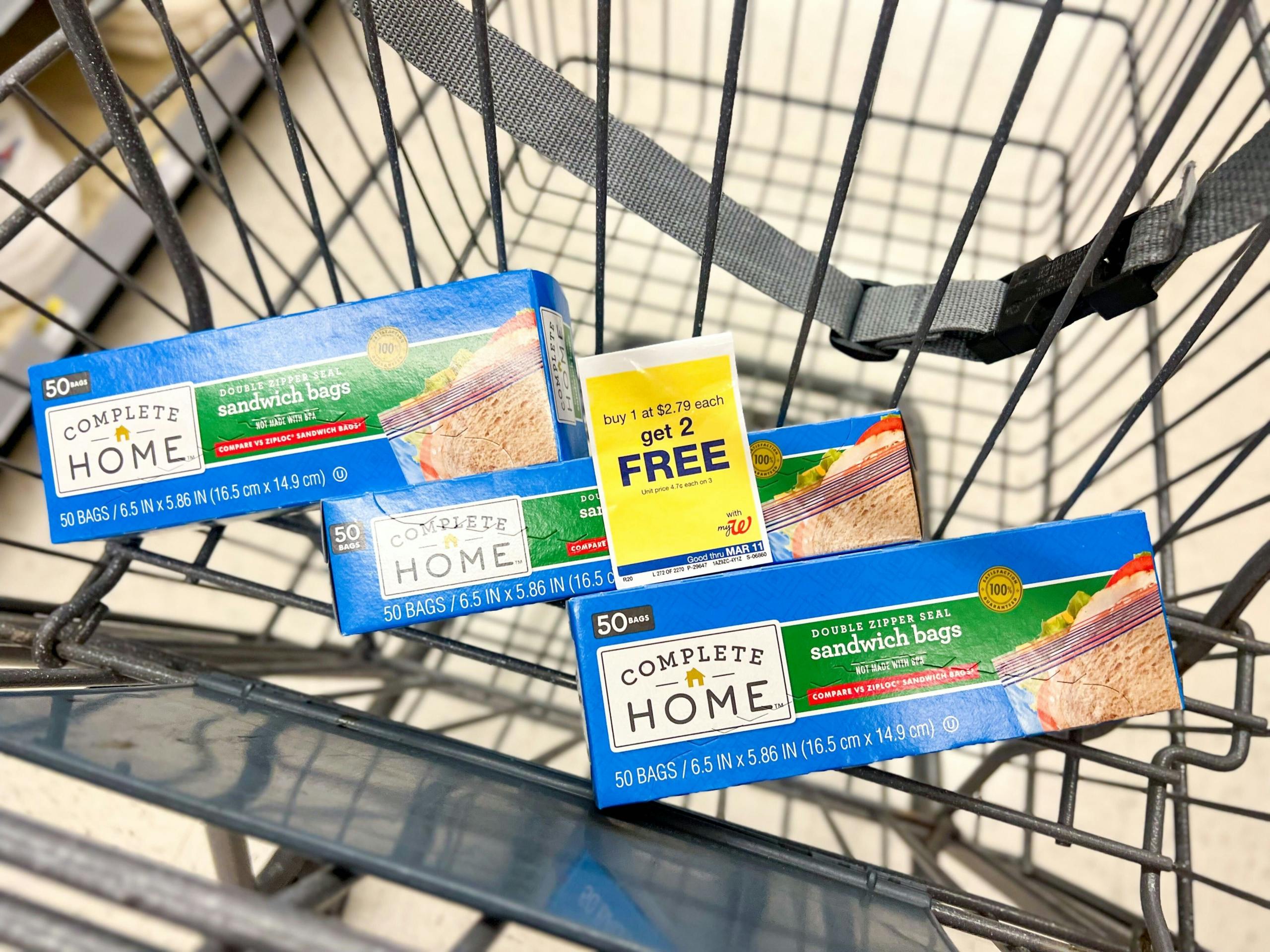 three boxes of complete home bags in shopping cart