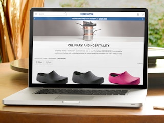 laptop showing birkenstock culinary and hospitality site with clogs