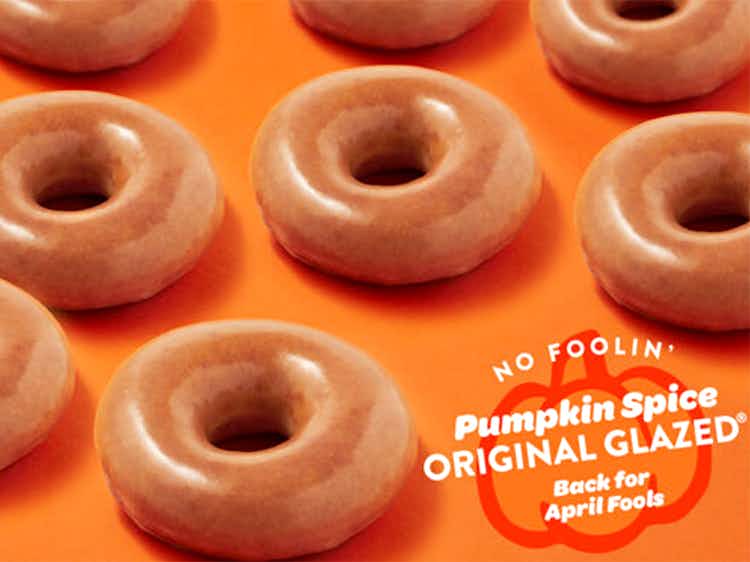 a group of pumpkin spice doughnuts from krispy kreme with their april fools promotion