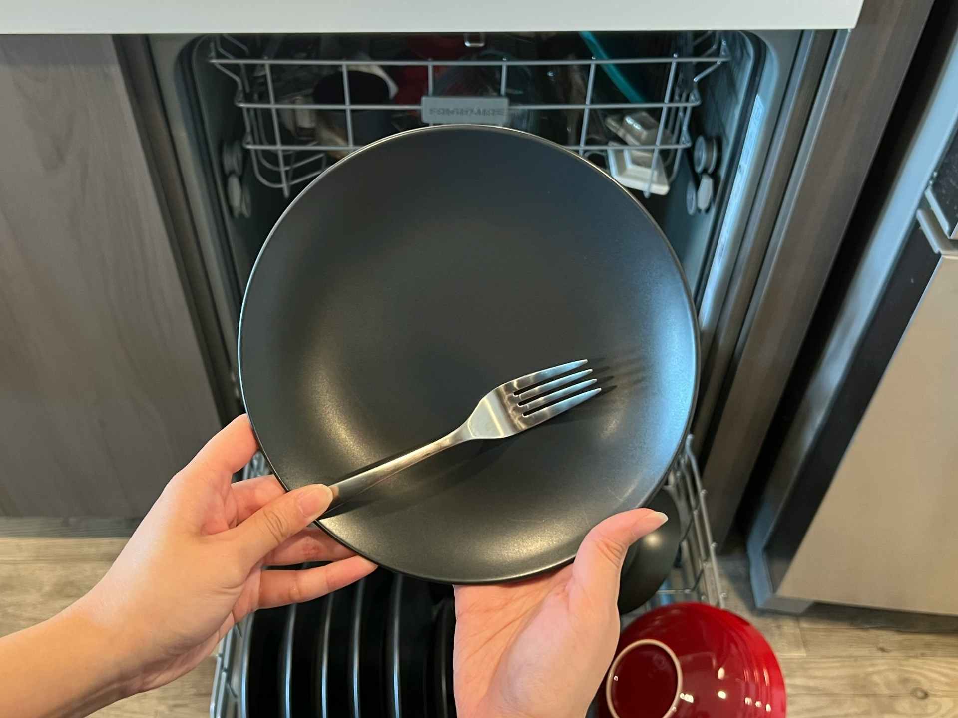 Hand holding a plate and fork in front of a dishwasher