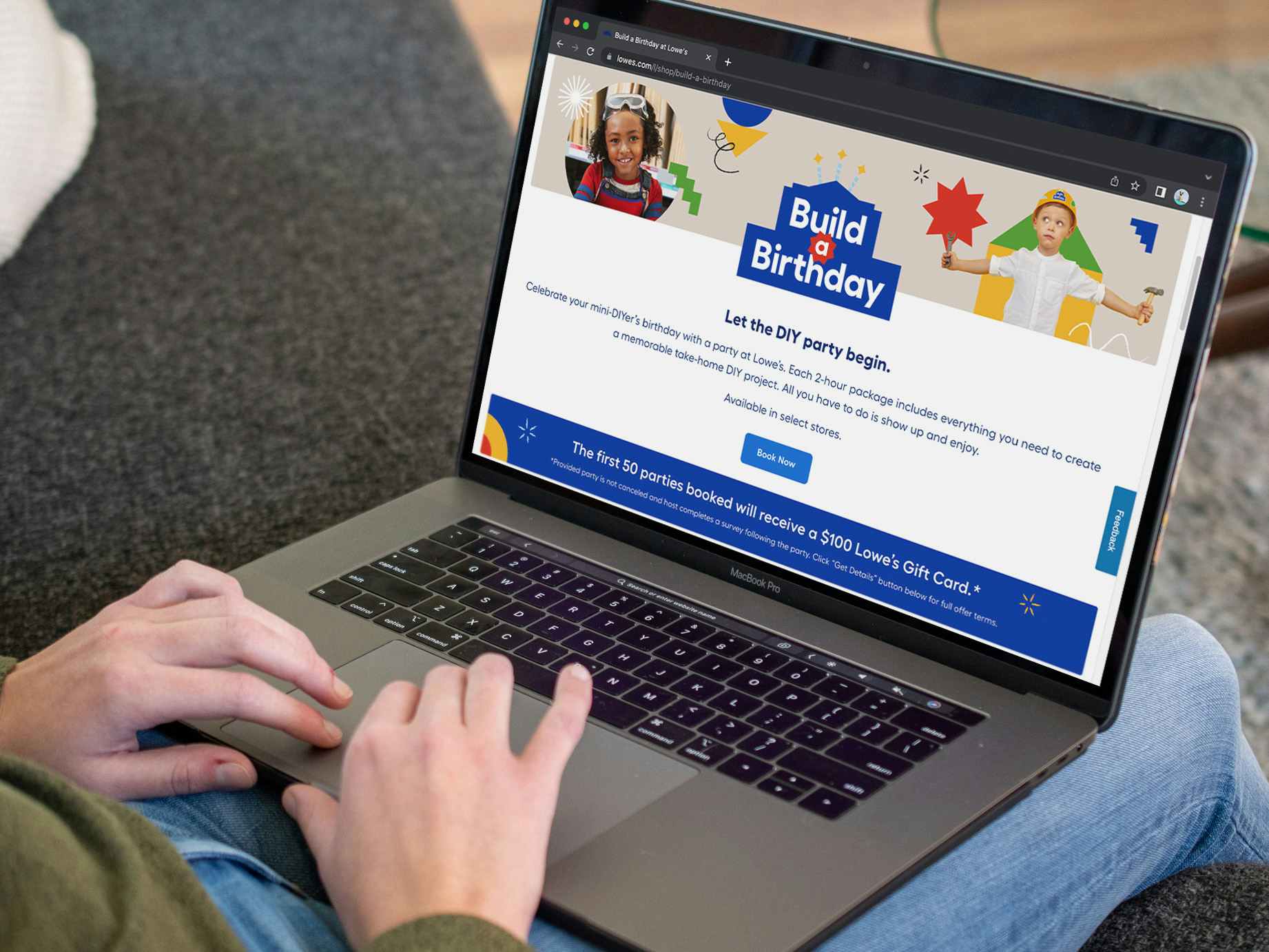 Someone looking on the Lowe's website page about their Build A Birthday party offer