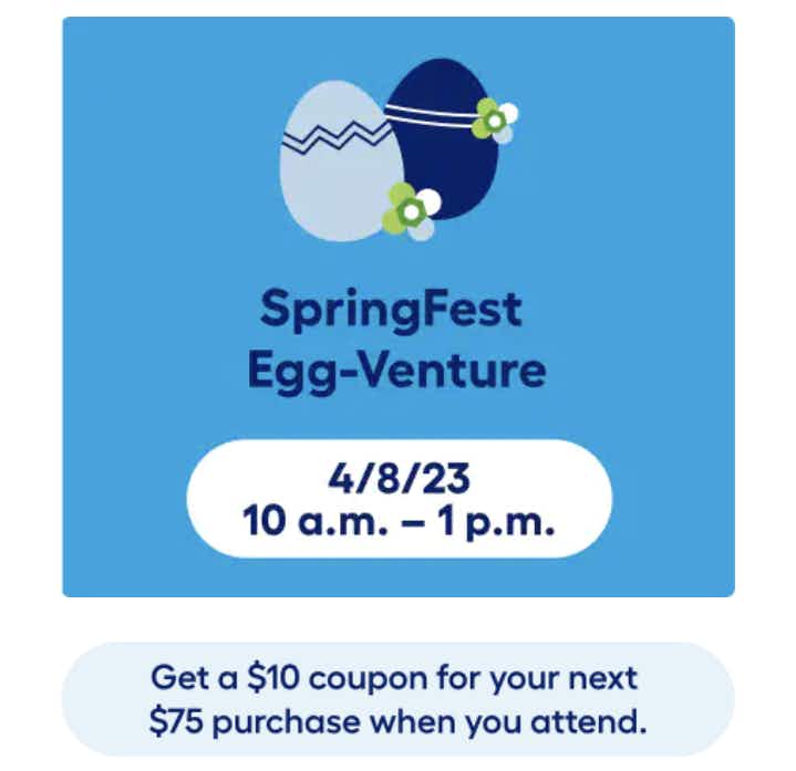 A screenshot of Lowe's Events page online showing the $10 off coupon available for the SpringFest Egg-Venture Event