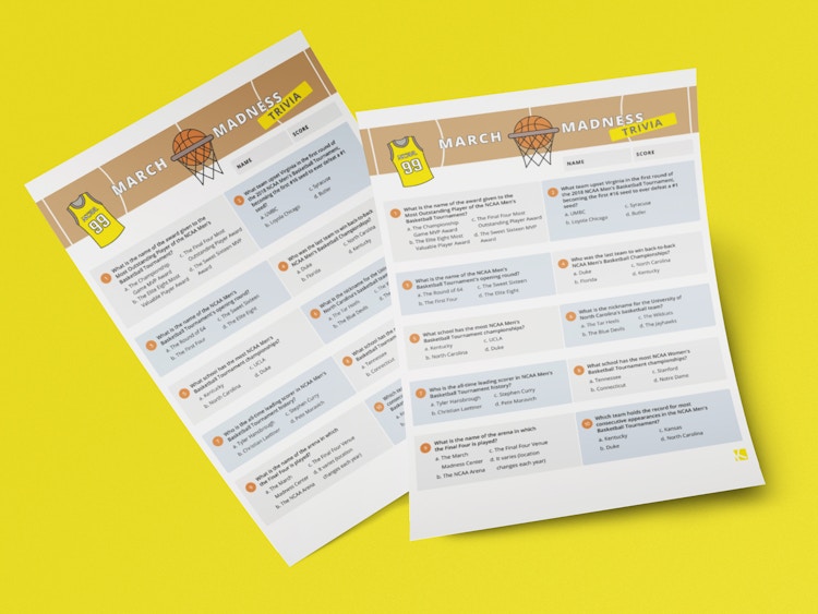 two printouts of the Krazy coupon lady march madness tournament trivia