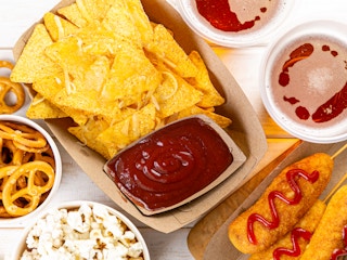 nachos, popcorn, corn dogs, and beer