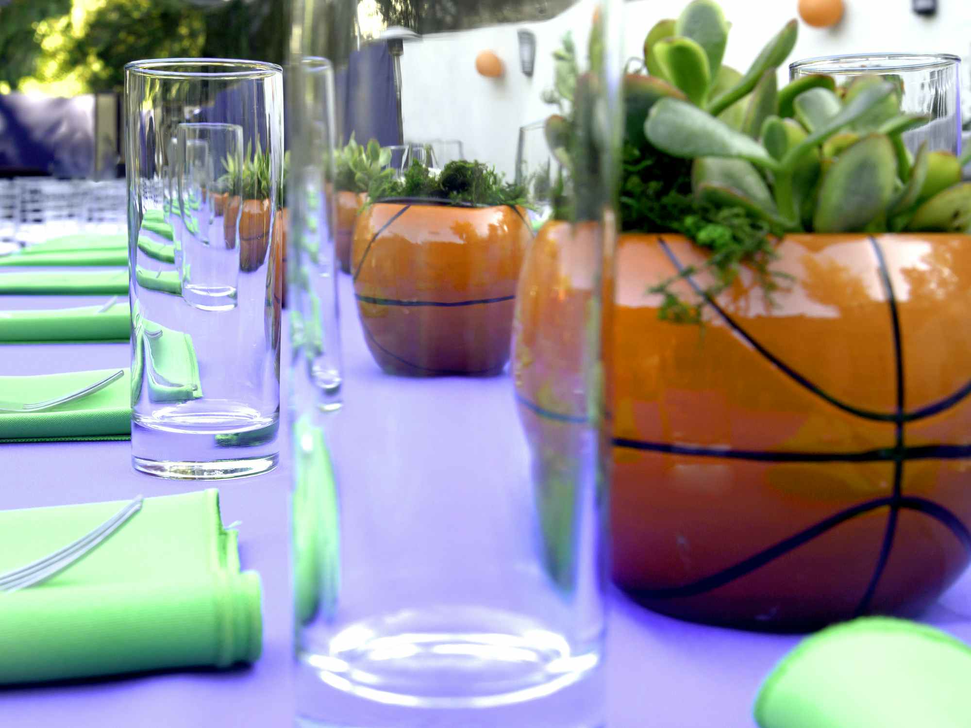 mini basketball planters with succulents on outdoor party table
