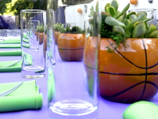 mini basketball planters with succulents on outdoor party table