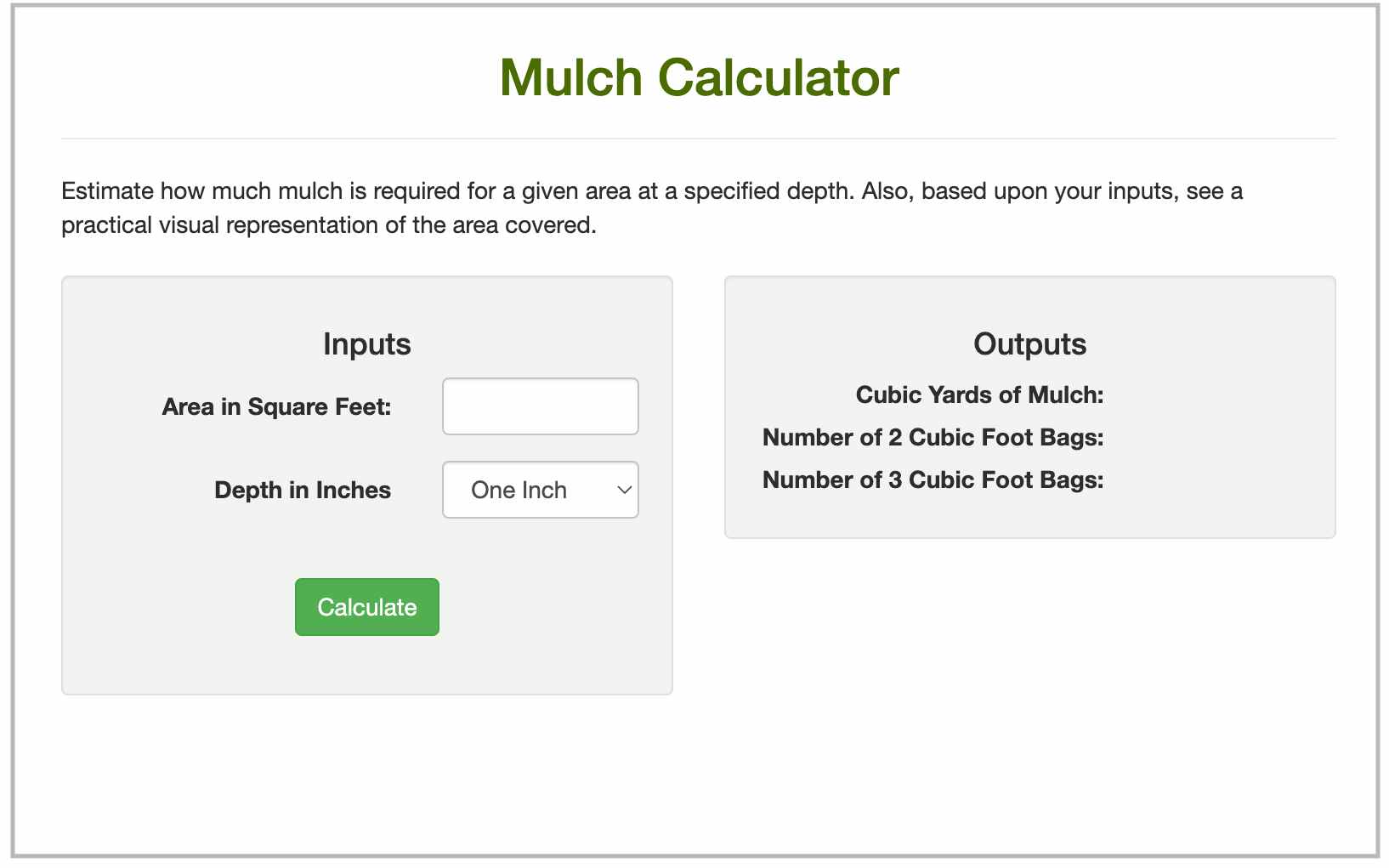 a screenshot of an online mulch calculator where you can find out how much mulch you need by typing in the square footage and depth