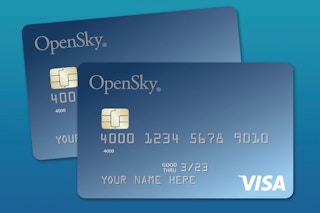 A graphic of two OpenSky credit cards on a blue background