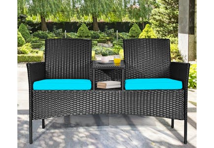 Rattan Loveseat Set with Glass Tabletop