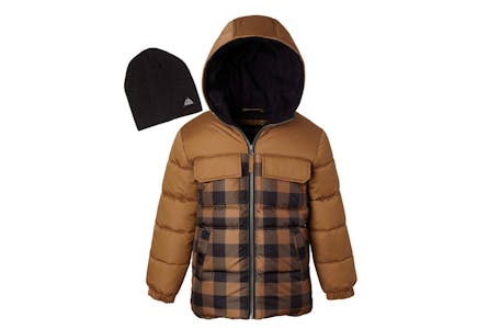 Kids' Brown Buffalo Plaid Coat with Hat